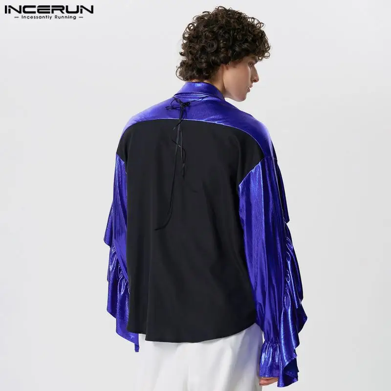 Men Shirt Sparkling Patchwork Ruffle Lapel Long Sleeve Streetwear Men Clothing 2024 Party Fashion Casual Camisas S-5XL INCERUN