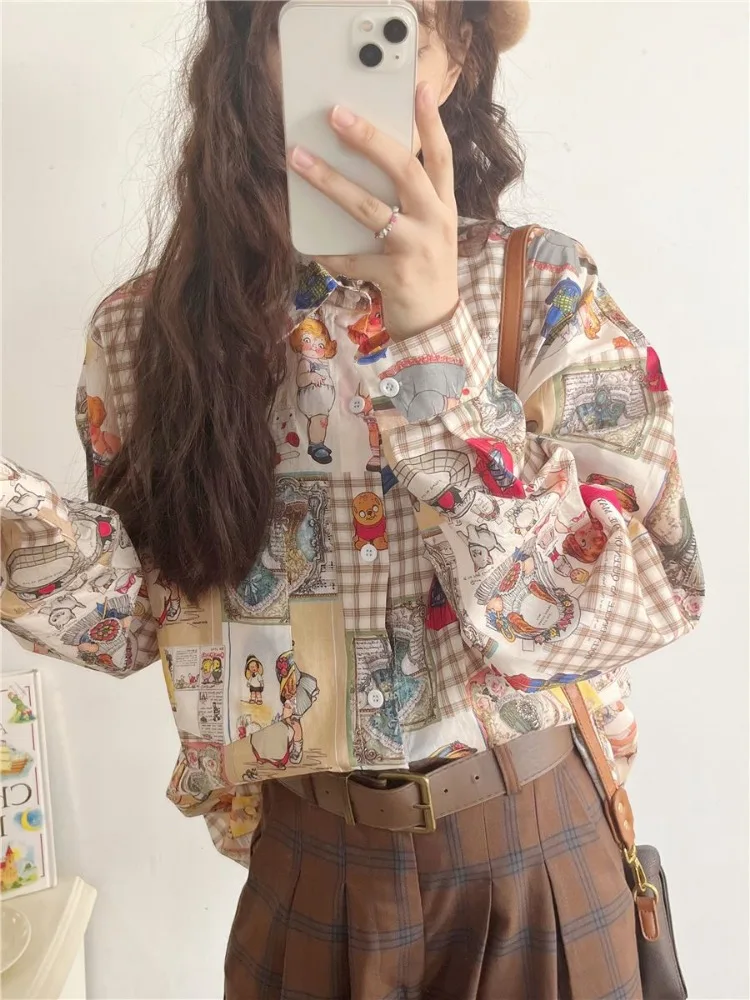 Vintage Kawaii Cartoon Printing Grunge Shirts Women Single Breasted Oversized Blouses Japanese Casual Harajuku Blusas Outerwear