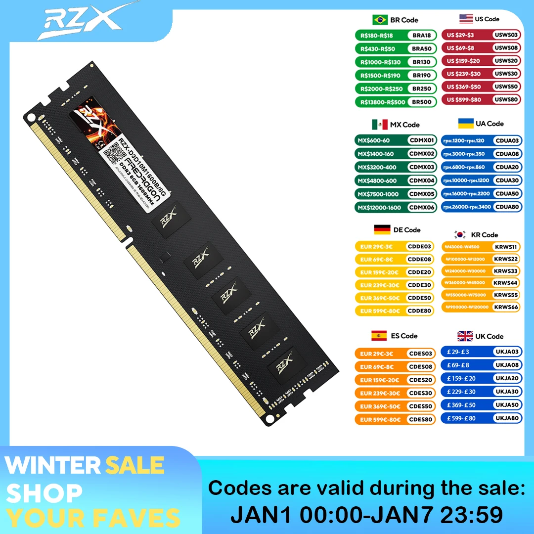 RZX DDR3 Memoria 8GB 4GB 1.5V 240pin 1600MHz PC3 Udimm DIMM Desktop Memory RAM