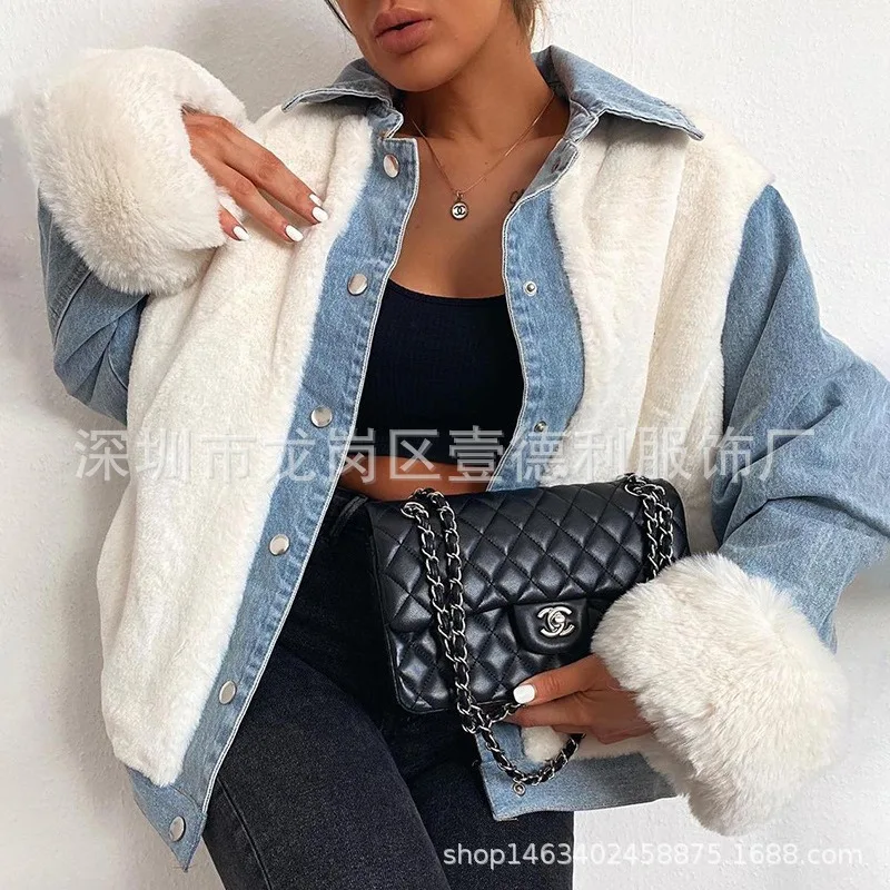 

Cashmare Plush Patchwork Jeans Jackets Women Autumn Winter Turn Down Collar Long Sleeve Buttons Loose Casual Coats Outwear