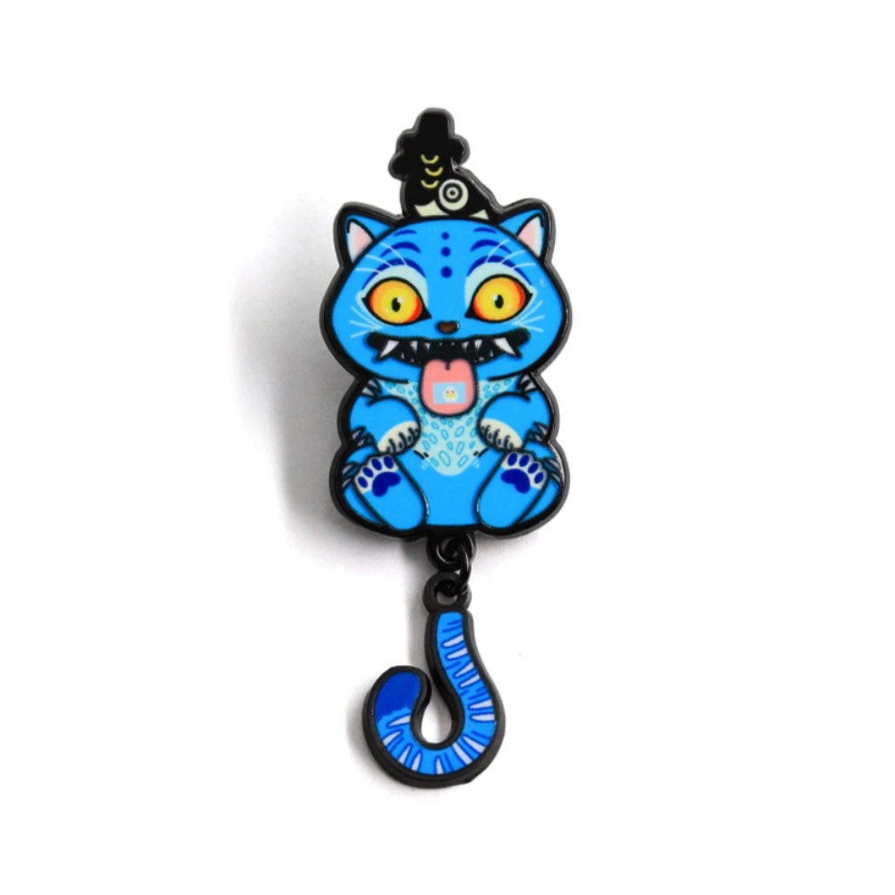 Cute Blue Tiger Enamel Brooch Cat Tail Pendant Pin Badge Creative Decoration Craft Gift for Men and Women