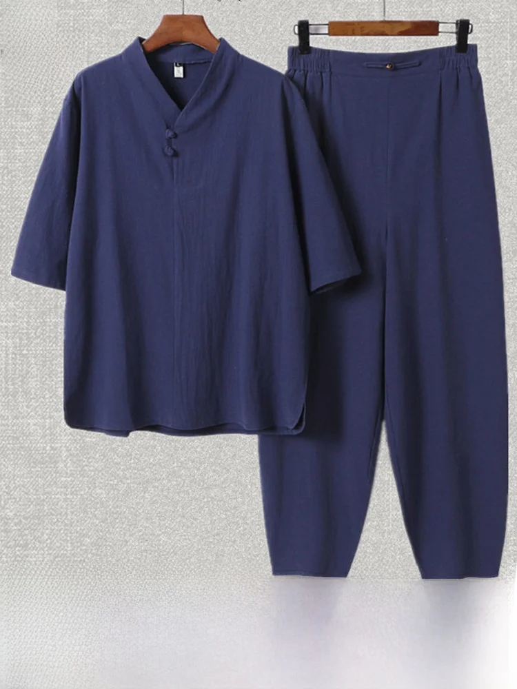 

Summer Linen Set Men's ort Sve Loose Hanfu Tang Costume mid Sve plus Size Two Piece Set Fat People Extra Long Pants