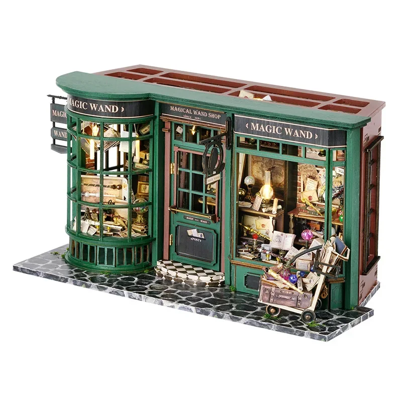 F-032 diy casa de mágica estilo vintage europeu verde escuro artesanato elementos mágicos blocos de construção brinquedos do miúdo tijolos presentes