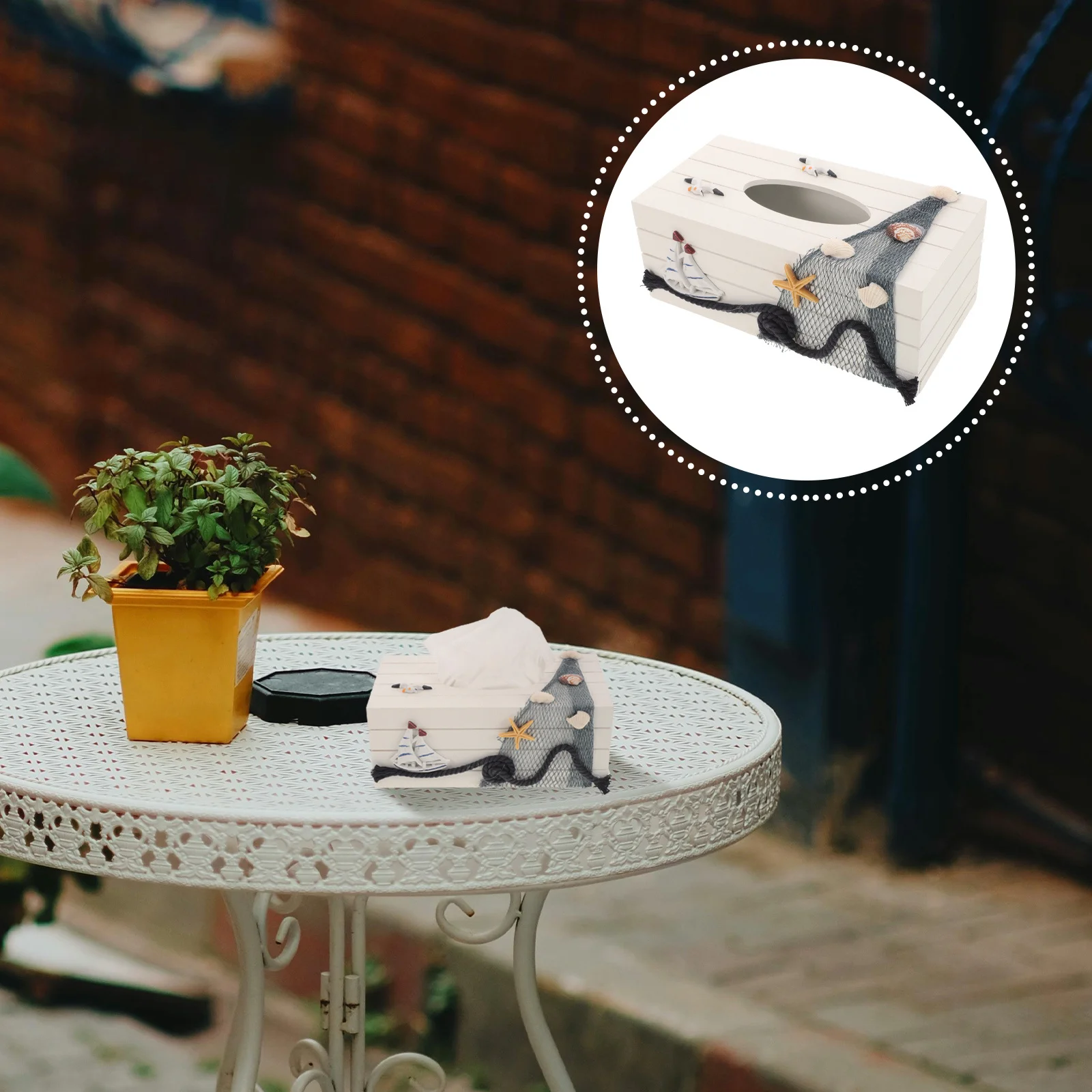 

Mediterranean Wooden Tissue Box Nautical Style Square Tissue Box Cover Decorative Holder for Home Restaurant Cafe Coastal Decor