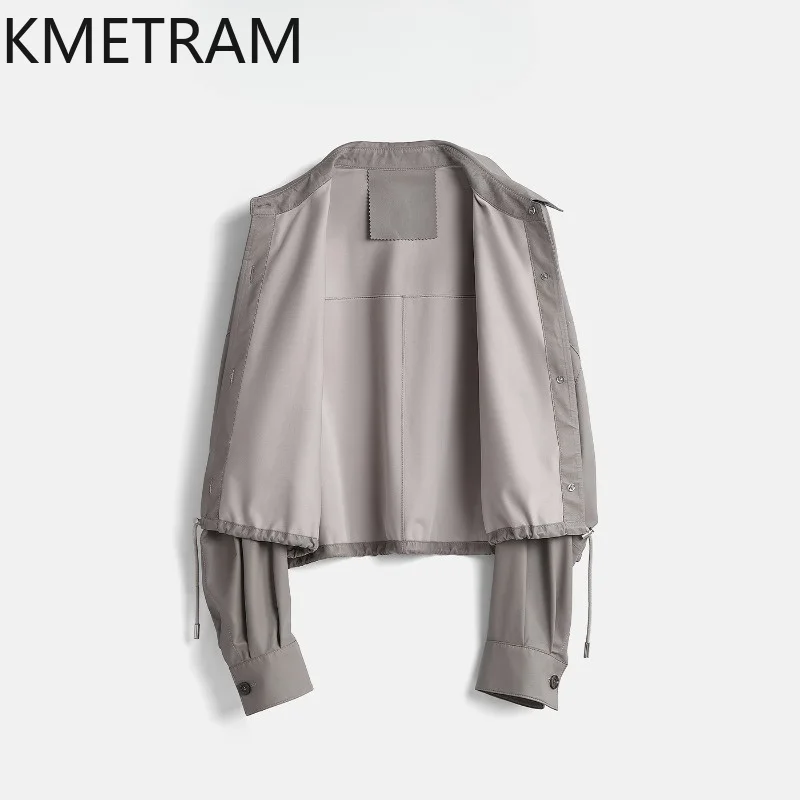 KMETRAM Ultra-thin Uncoated Sheepskin Leather Coat Genuine Leather Jacket of Woman Lapel Crop Coats Drawstring Outerwear 가죽자켓