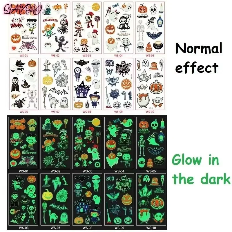 10Pcs Children'S Halloween Tattoo Cartoon Night Glow Stickers ChrismasParty Activities Holiday Gatherings Temporary Stickers