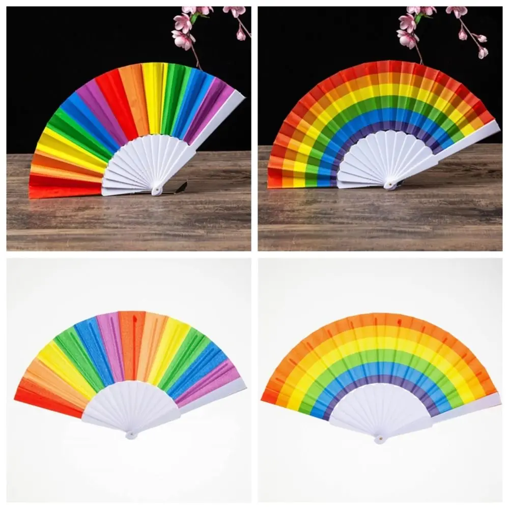 Fashion Plastic Folding Hand Fan 7 Inch Size Lightweight Cooling Fan Dopamine Color Vivid Rainbow Print Rainbow Fan Summer