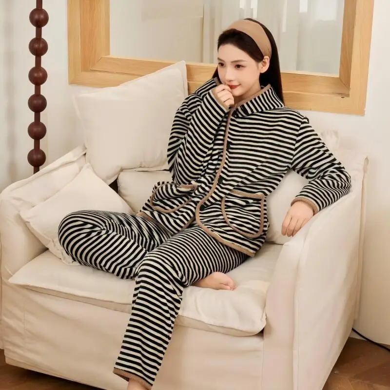 

Women's Striped Hooded Homewear Sleepcoat Pajama Set Nightgown Girl's Sleepwear Fleece-Lined Thickened Autumn Winter Outerwear