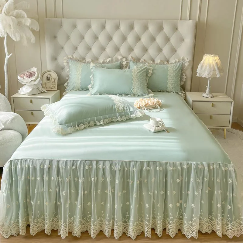 Pure Cotton Lace Princess Wedding Bed Sheet Skirt Single/Queen/King Size Bed Cover Solid Color Bedspread (Or Only 2 Pillowcases)