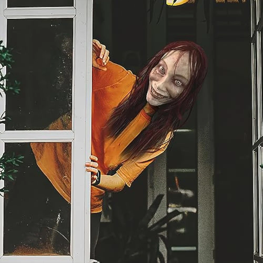 Red Haired Scary Ghost Halloween Mask with Creepy Smile Horror Movie White Lady Latex Head Cover  Cosplay Party Terrifying Prop