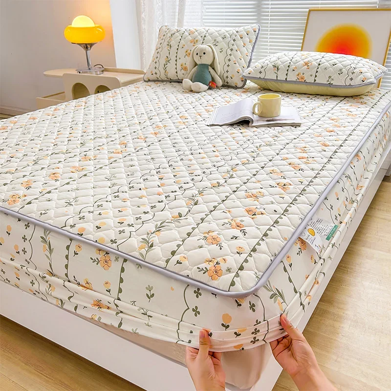 Floral Fitted Sheet Queen Size Bed Cover Thicken Bedsheet Quilted Mattress Protector tampa de colchão (Pillowcase Need Order)