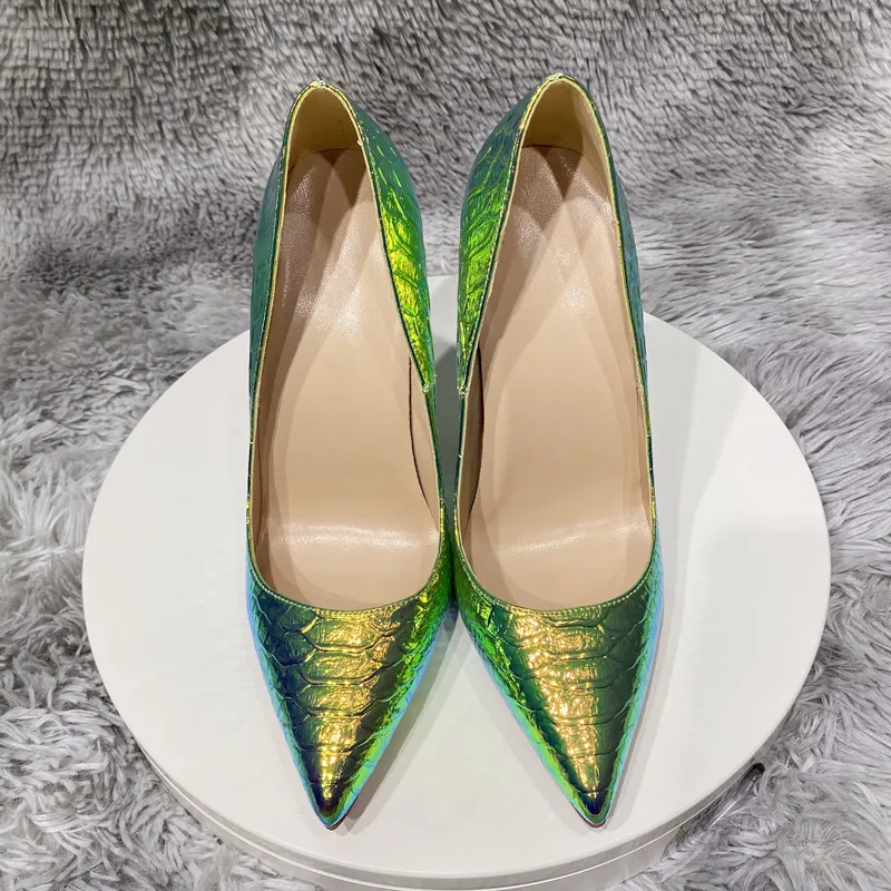 Tikicup Shiny Green Crocodile Effect Women Sexy Pointy Toe High Heel Shoes Fashion Designer Ladies Slip On Stiletto Pumps