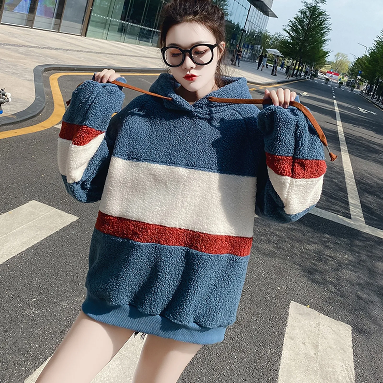 Autumn and Winter Fashion Stripe Print Hoodies For Women Sweater Top Loose Sweatshirt Blouse