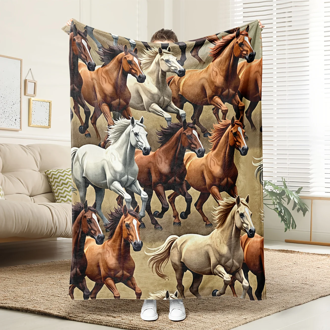 

1pc Vibrant Horse Digital Fleece Blanket - 100% Polyester All-Season Throw, Machine Washable Horse Lover Gift