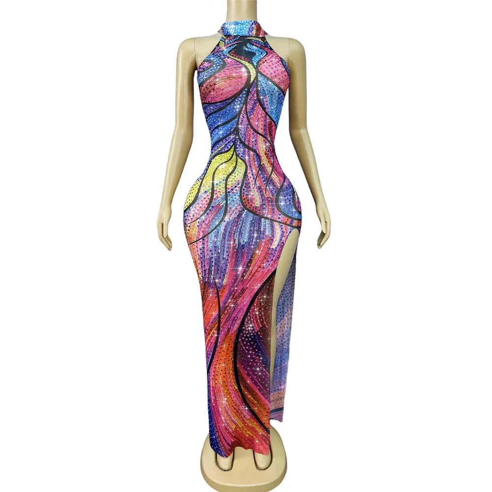 Vestido Sexy con estampado Multicolor y diamantes de imitación brillantes para mujer, vestido ajustado con abertura alta, vestido de noche para fiesta de cumpleaños, alfombra roja, ropa para escenario