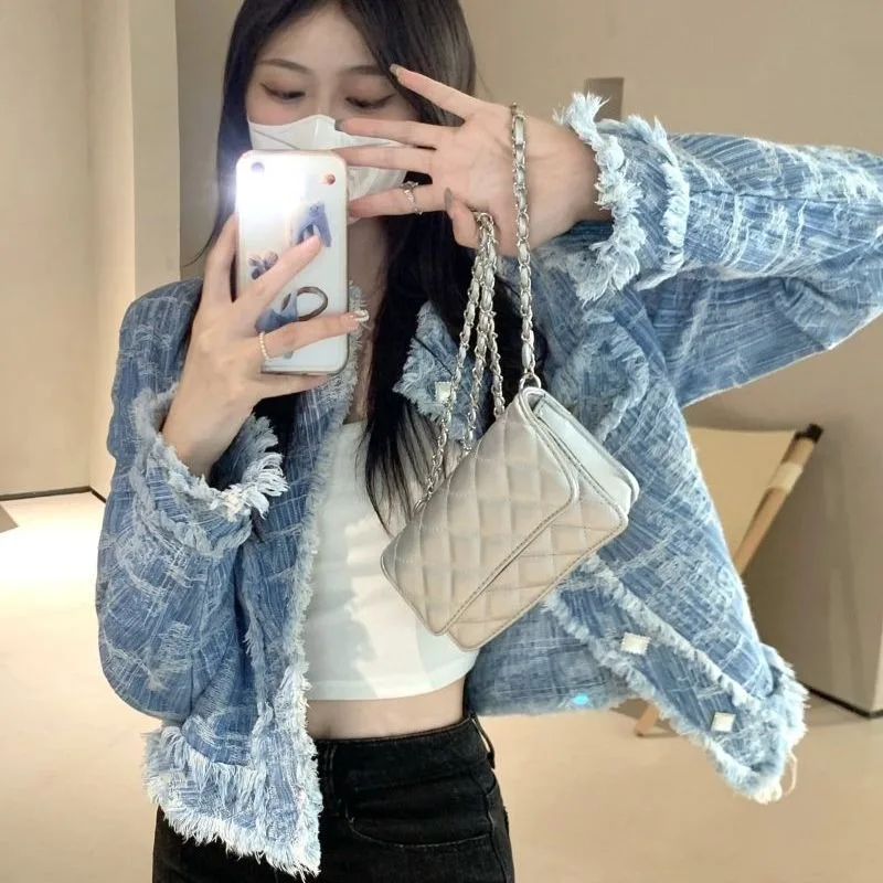 

Small Fragrant Outwear Light Luxury Denim Surcoats Women's OL Spring Autumn Thicken Flower Knitted Casual Versatile Jacket Top