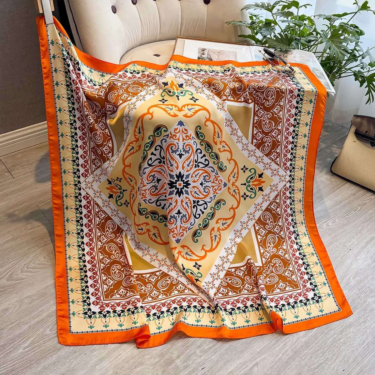 新しいプリントヘッドスカーフ女性四季スカーフサテンスクエアヘッドヒジャーブスカーフ女性のためのショール 90*90 シルクスカーフイスラム教徒ヒジャーブ