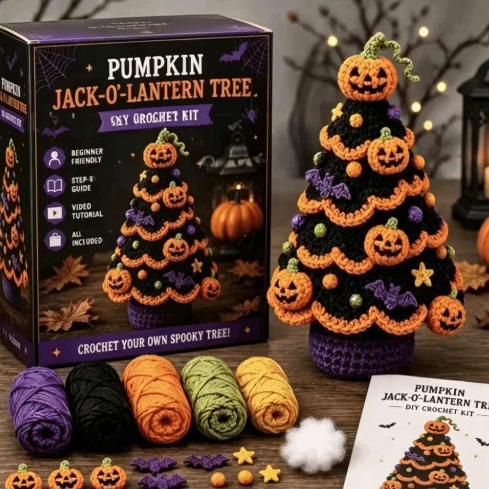 Beginner Friendly Halloween Crochet DIY Kit Complete Set Gothic Style Yarn Craft Set Christmas Tree Shape Hand-Made