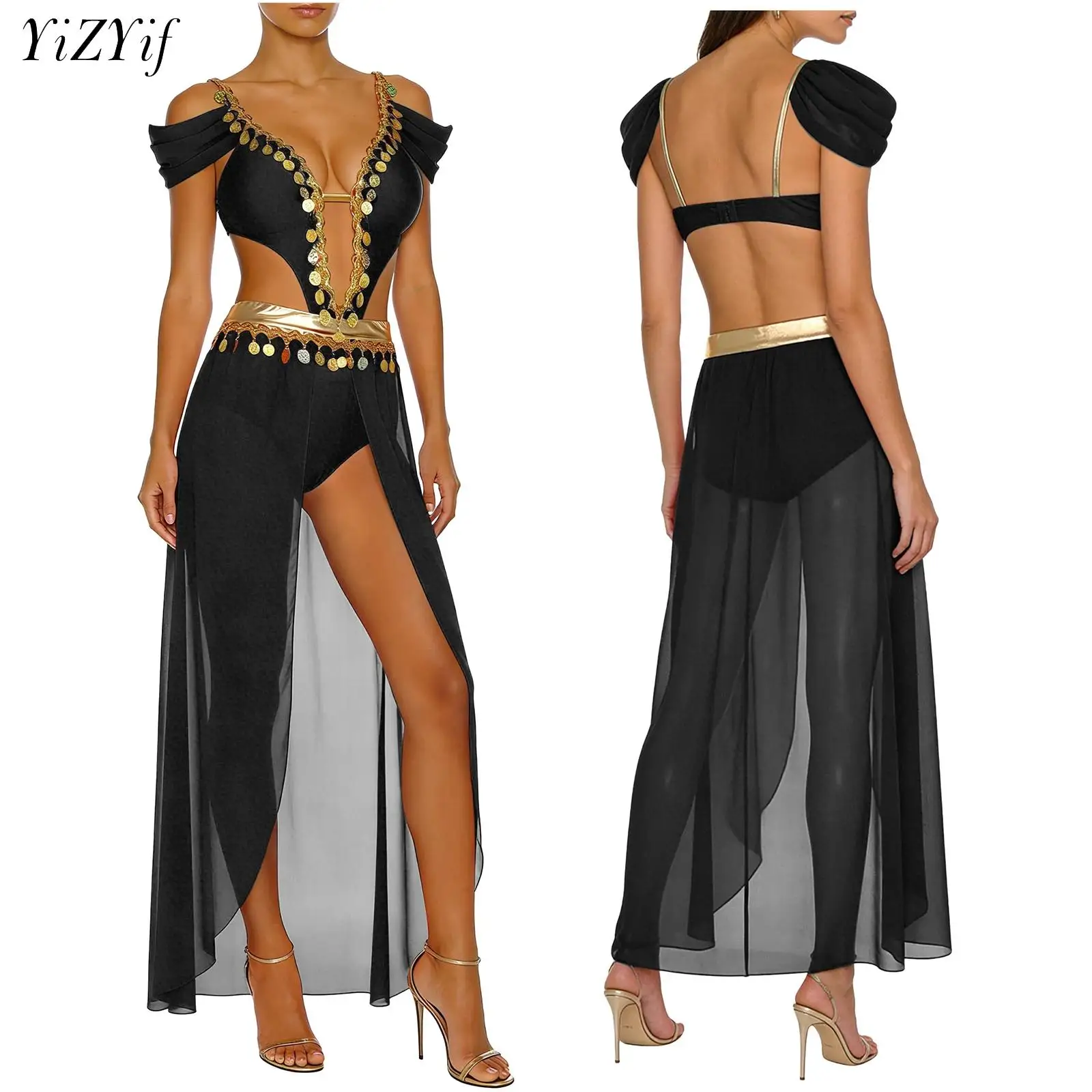 

Женский восточный индийский арабский костюм принцессы для танца живота, блестящие блестки, кисточка с вырезом и V-образным вырезом, открытое переднее шифоновое платье, купальник