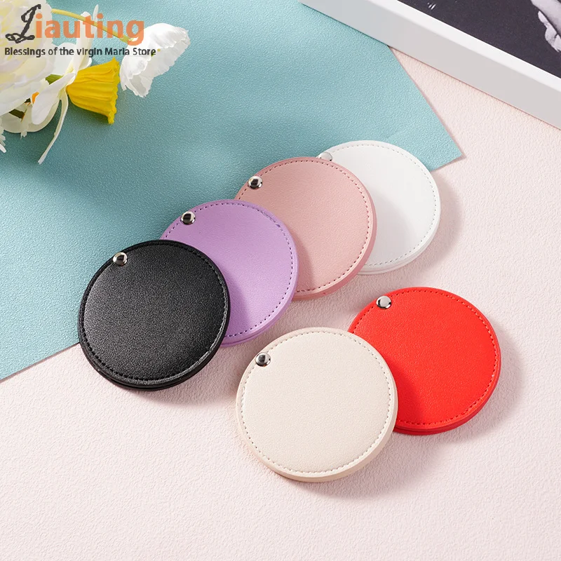 Espelho de maquiagem redondo ultrafino de couro pu, espelho cosmético de dupla face de aço inoxidável, espelho compacto de bolso dobrável para viagens