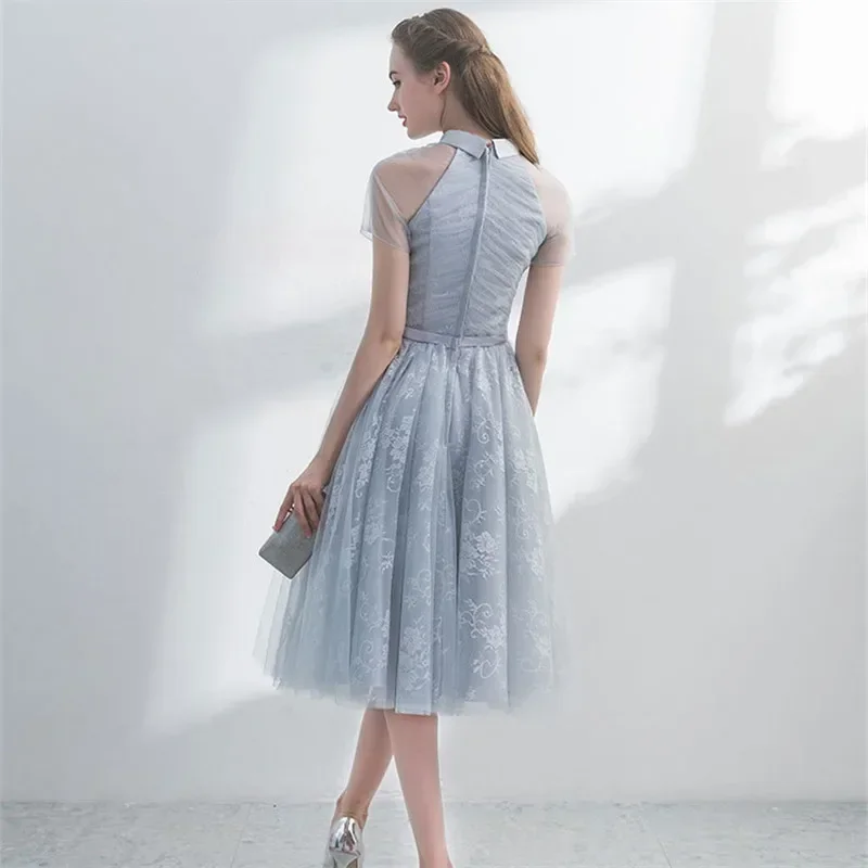 Customization Cocktail Gowns Gray Tulle Lace Short Sleeve A-line Tea-Length Zipper Plus size Customized Women Party Formal Dress