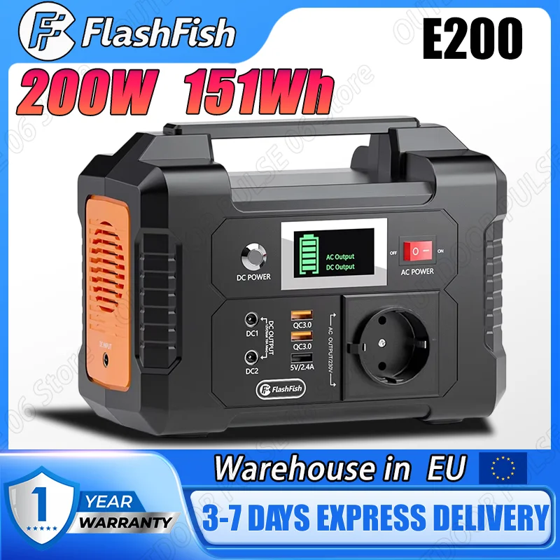 Station d'alimentation portable Flashfish E200 200W 151Wh Batterie LiFePO4 Utilisation en extérieur Voyage en véhicule Utilisation domestique Alimentation portable à transporter