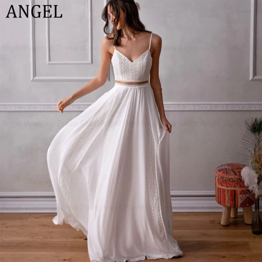 ANGEL-Robe de Mariée en Mousseline de Soie pour Femme, Coupe A-Line, Personnalisée, Style Boho, Col en V, Dos aux, 2025