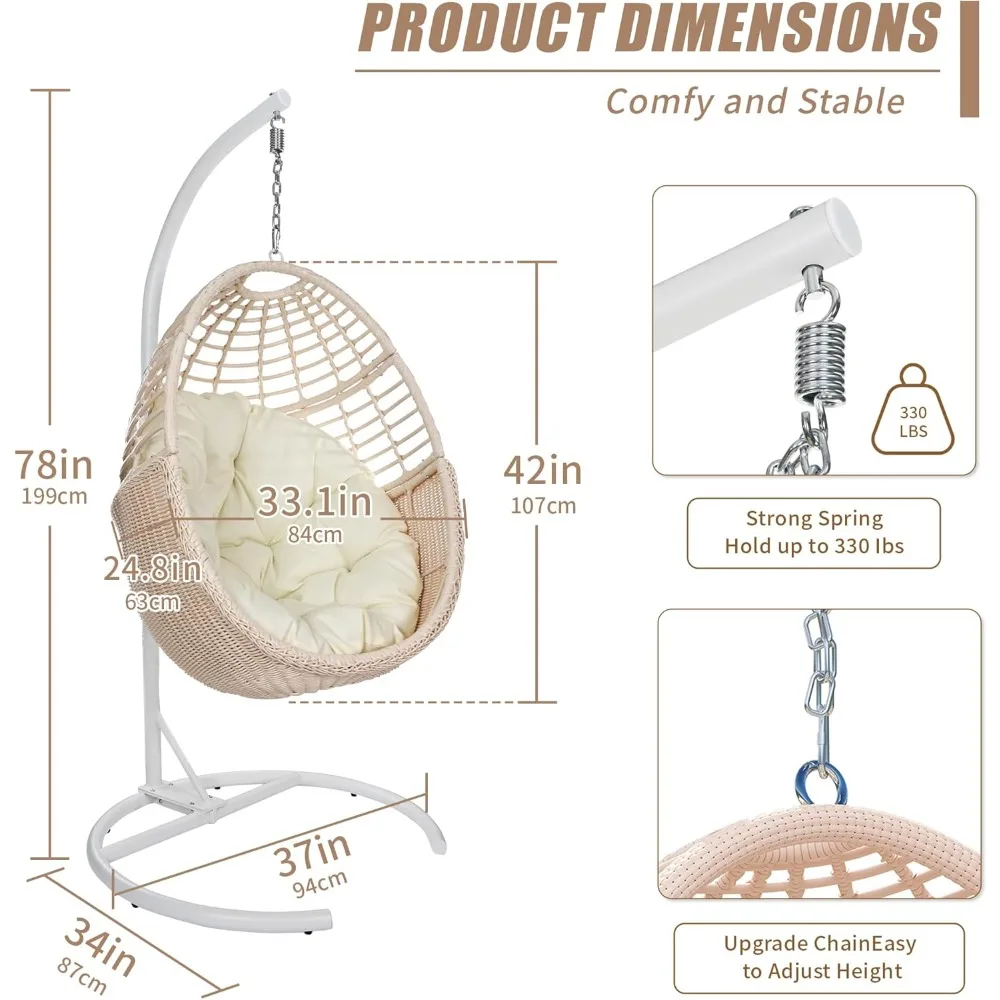 Egg Swing Chair with Standing Rattan Wicker Hammock Egg Chair with Metal Frame and UV Protection Pad 330 Lb Capacity