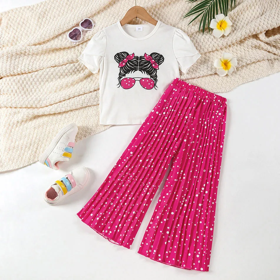 2024 Korean Summer Junior Girl Clothing Set Children Girl Cartoon Avatar PrintT-shirt Breathable Wide Leg Pants Kid 2pcs Clothes