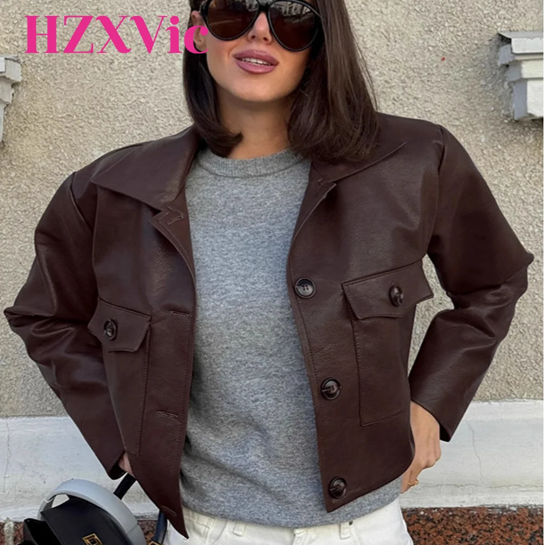 سترة نسائية من جلد الغزال الصناعي البني بتصميم عتيق من HZXVic سترة جلدية معطف أموال قديمة سترة خريف جمالية منفوخة Y2k كبيرة الحجم