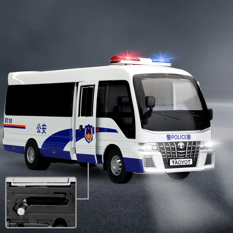 Police 1:32 Coaster Car Alloy diecast model Rubber Tire Sound Light Pull Back Doors Opened boy toy Birthday gift decoration