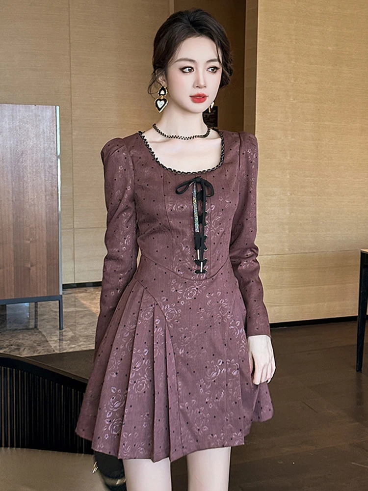 Minivestidos Retro franceses para mujer, ropa dulce y bonita, vestido plisado con cordones, Vestidos de fiesta de calle alta para mujer, pausa para café