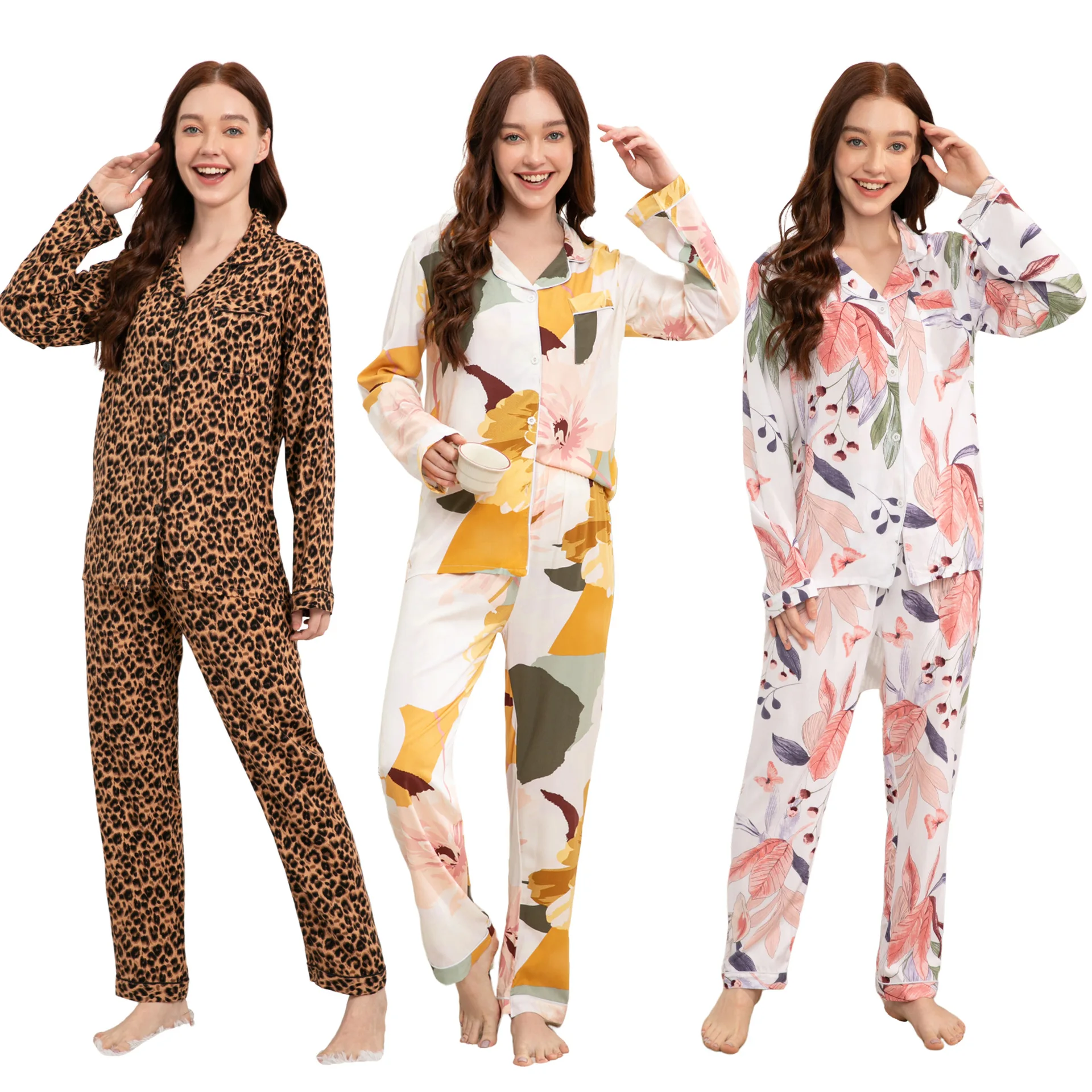 Spring Summer New 100% Viscose Long-sleeved Trousers Ladies Pajamas Suit Long Sleepwear Women\'s Home Nightwear Plus Size 3XL