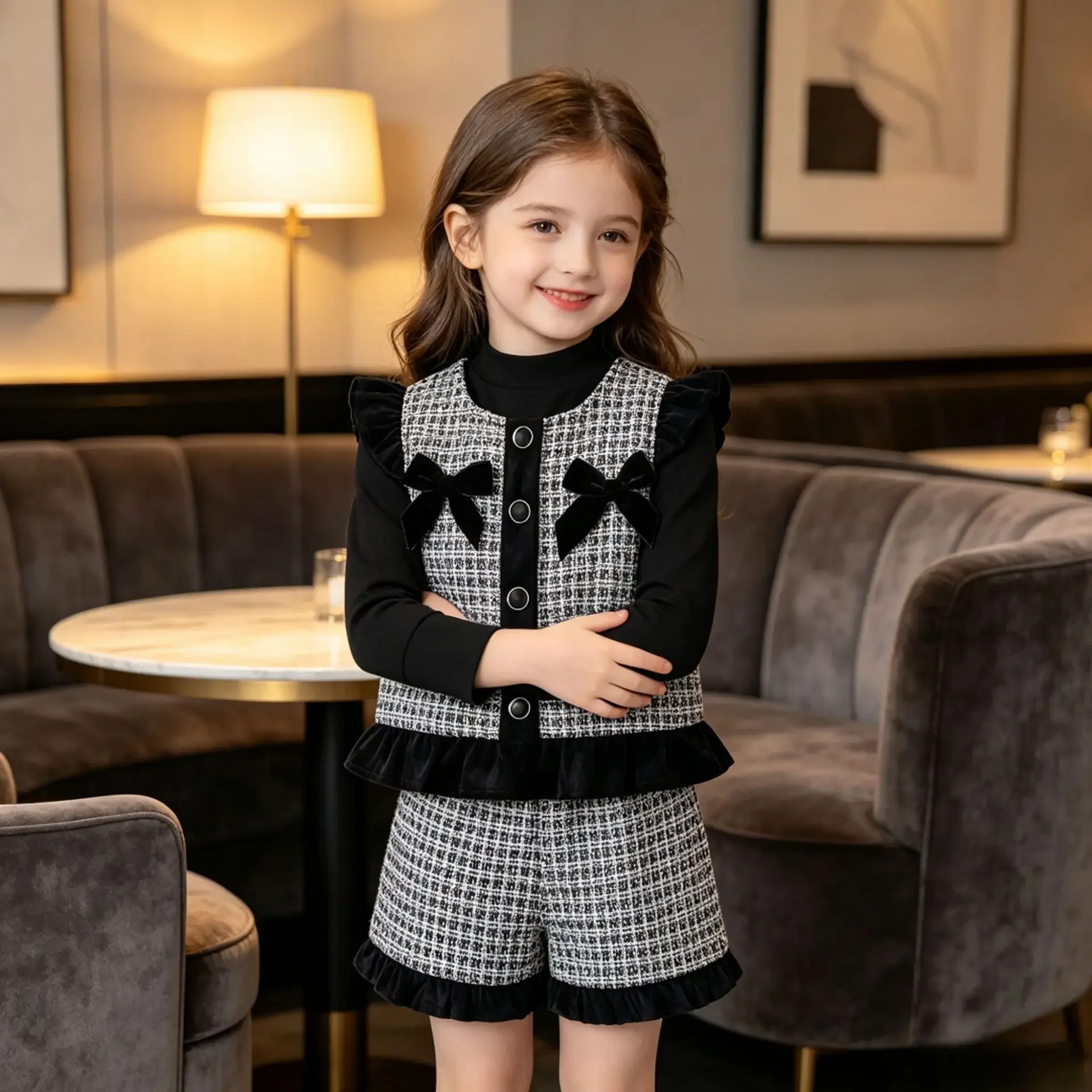 Girls Tweed 3‑Piece Outfit Houndstooth Vest Bow Decor Long‑Sleeve Top Shorts Kids Autumn Fashion Casual Party Suit 90‑130cm