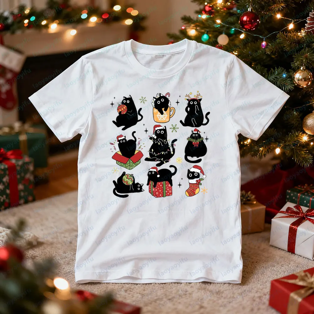 Black Cat Christmas Tshirt Cute Christmas Cat Printed T-shirt Cat Lover Gift Tee Retro Christmas Women Men Festival Costumes