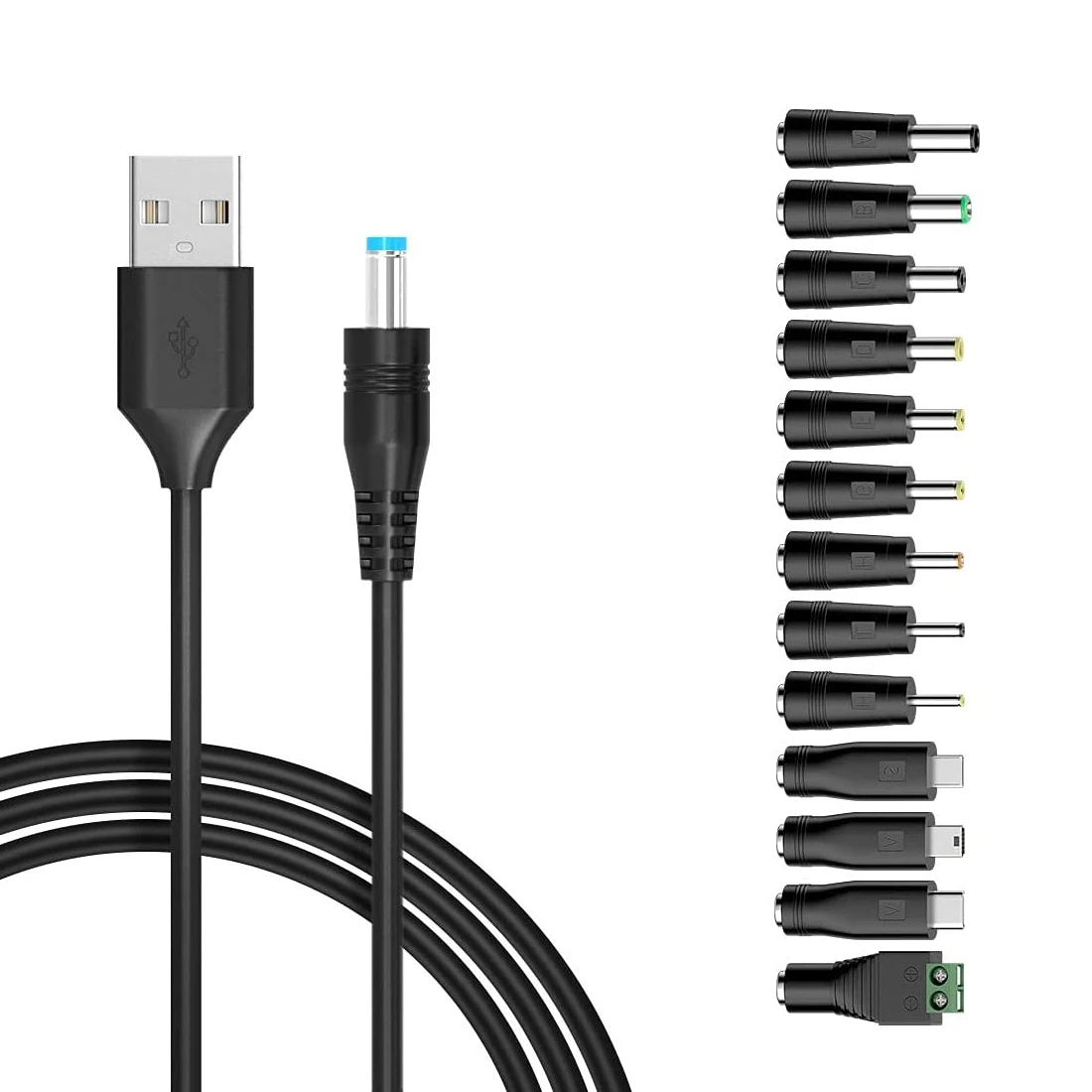 Uniwersalny kabel USB z gniazdem DC 5,5 x 2,1 mm i 13 dodatkowymi adapterami wtyczek DC, przewód zasilający do ładowania o długości 1,5 m/5 stóp do urządzeń elektrycznych 5 V