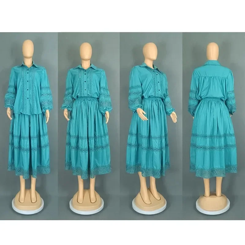 Ensemble jupe en dentelle creuse pour femme, chemise à manches lanternes + taille haute, ligne a, Chic et élégant, nouvelle collection été printemps 2025