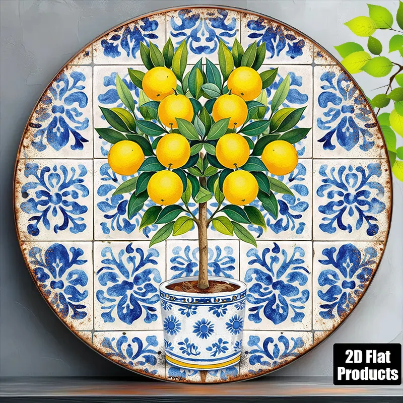 2D Vintage Metal Sign Round Citrus Tree Wall Art Decor for Kitchen Garden Patio Lemon Theme Hanging Plant Gift