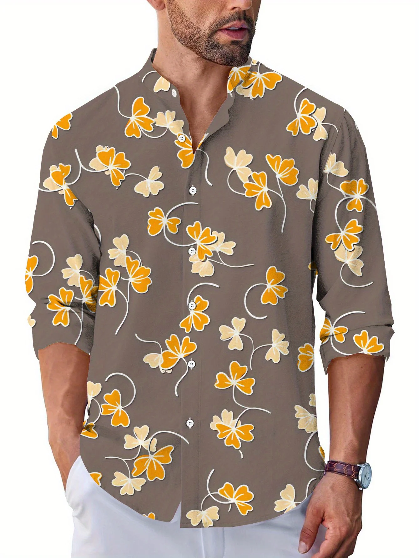 

Men'S Floral Print Long Sleeve Button-Up Shirt - Pink & White Peony & Leaf Design, Casual Hawaiian Style, Non-Stretch Fabric,