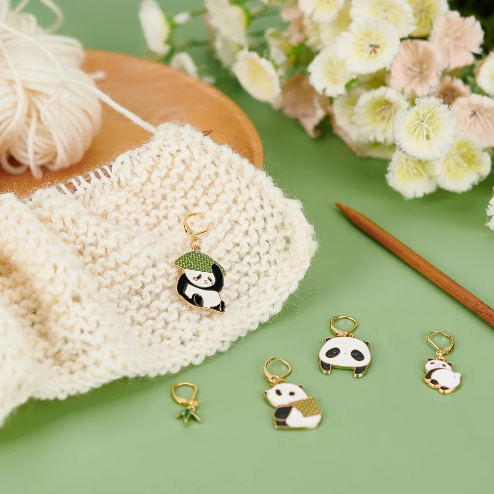Rotuladores de bambú para puntada de Panda, 6 estilos de aleación de esmalte, marcador de ganchillo, dijes, cierre de langosta extraíble, marcador