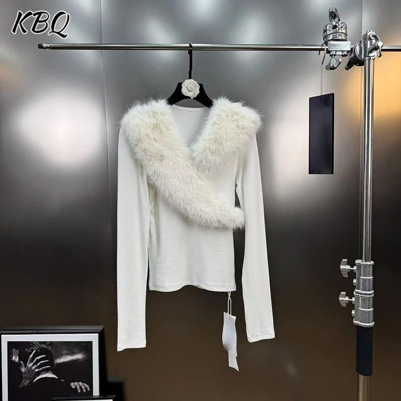 

KBQ однотонная футболка для похудения с перьями для женщин с v-образным вырезом и длинным рукавом, темпераментные шикарные вязаные топы, женская мода, осенняя новинка