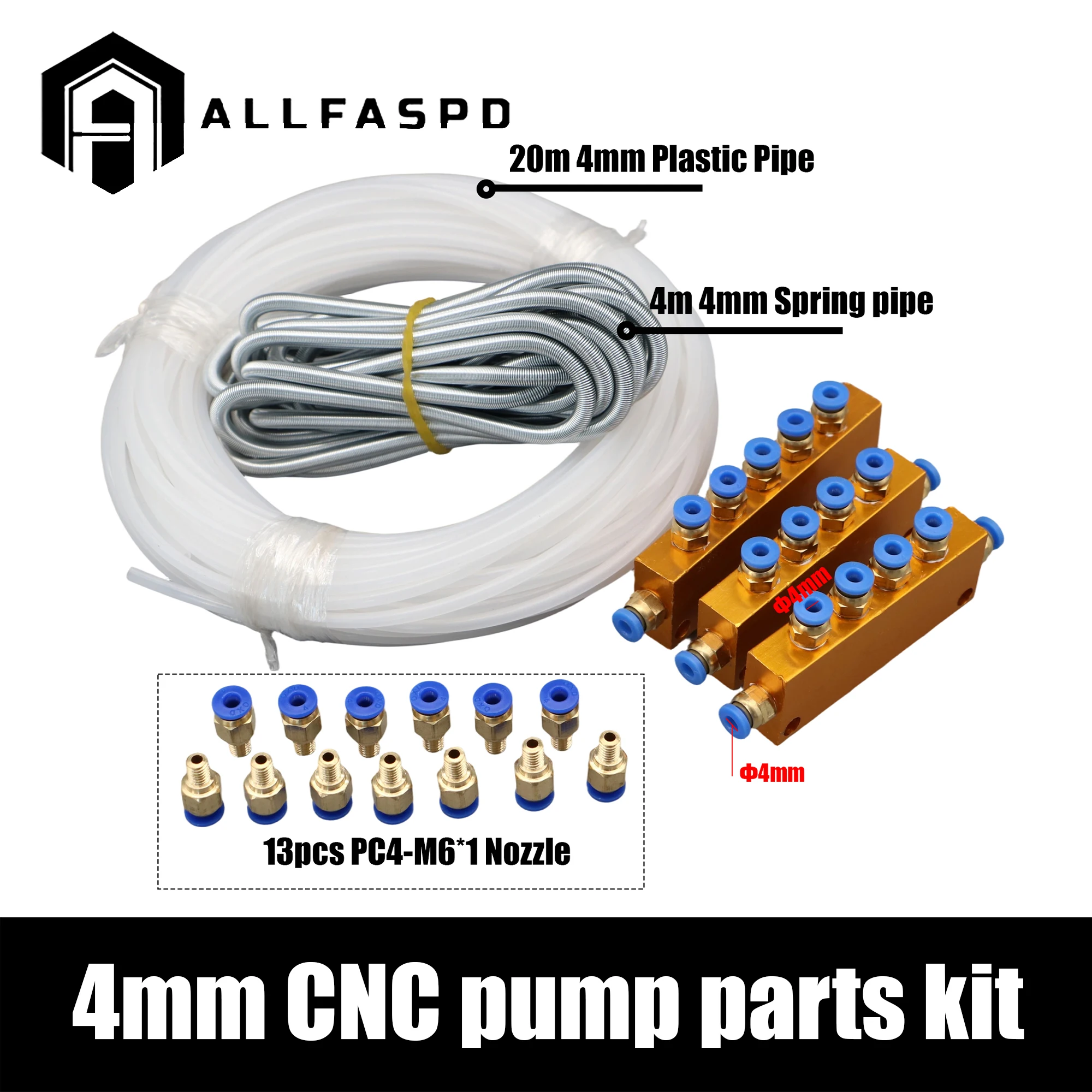 CNC Lubrication Pump Parts 20m Plastic Pipe+4m Spring Pipe+13 pcs Nozzles+5 Ways Distributor+4 Ways Distributor