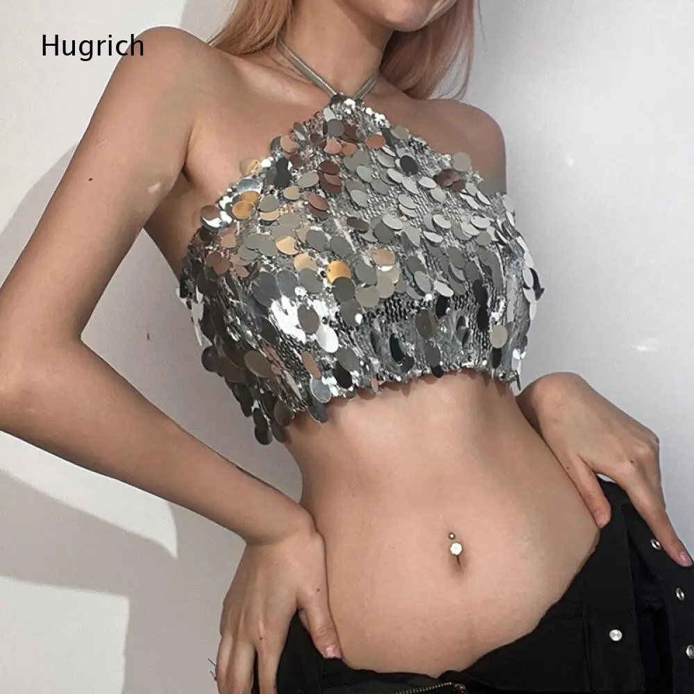 Glitter Sequins Halter Neck Crop Top Women Sleeveless Self String Back Silver Shiny Club Outfit Camisole