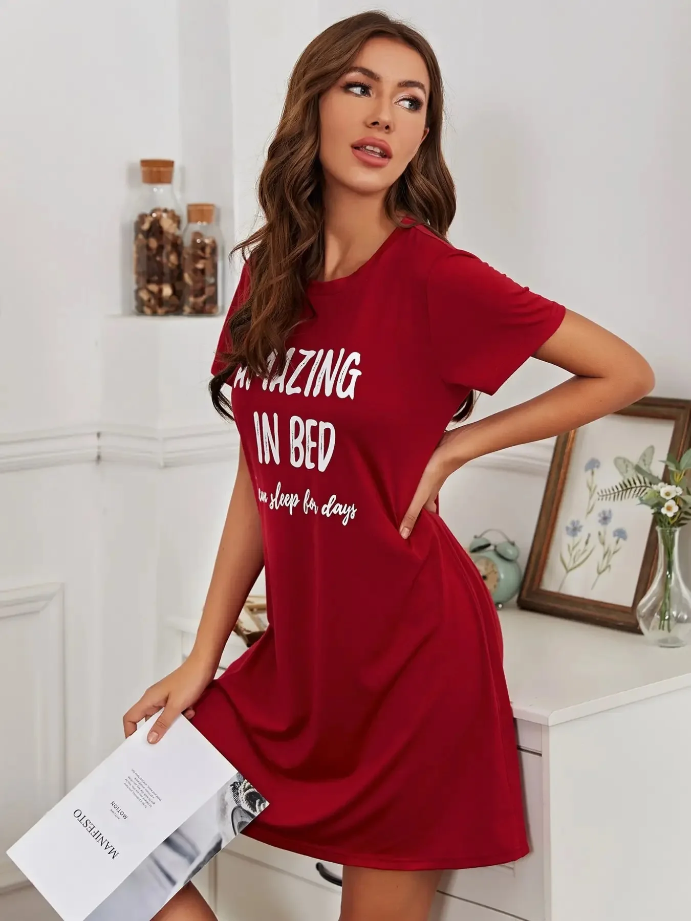 Letter  Print Red Nightdress Short Sleeve Round Neck Loose Fit  Sleep Dress  Women\'s Sleepwear & Dresses Pajamas Loungewear