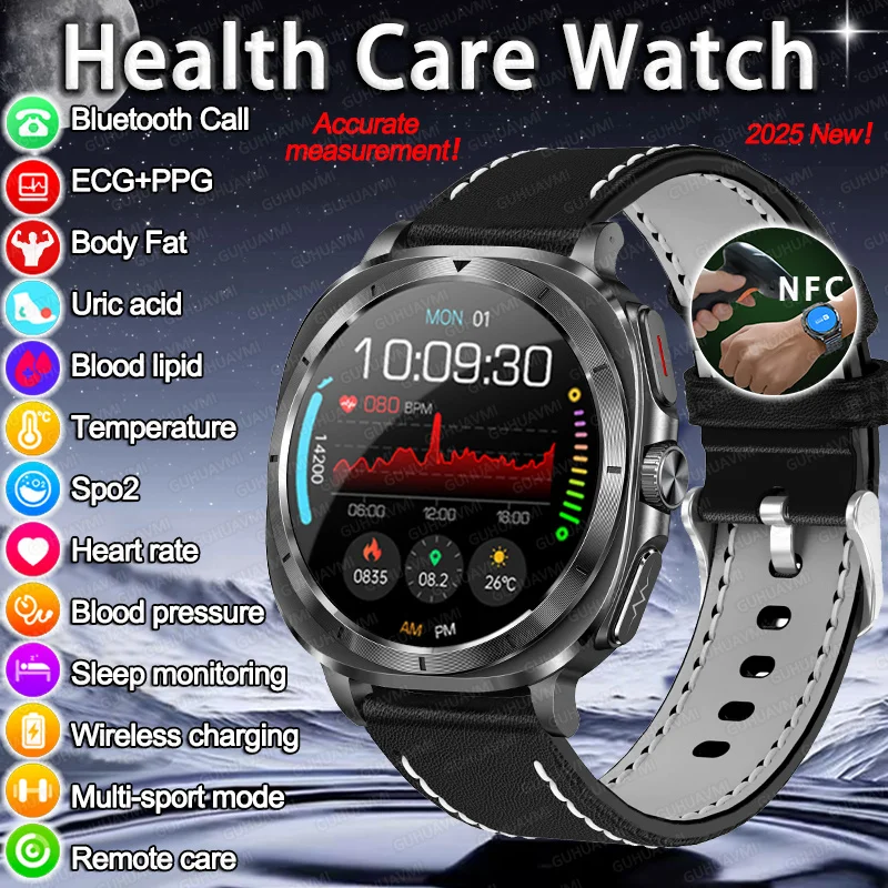 

2025New ECG+PPG Laser Diagnose Blood pressure Smart Watch Men Heart Rate Uric Acid Blood fat Body analysis Health NFC Smartwatch