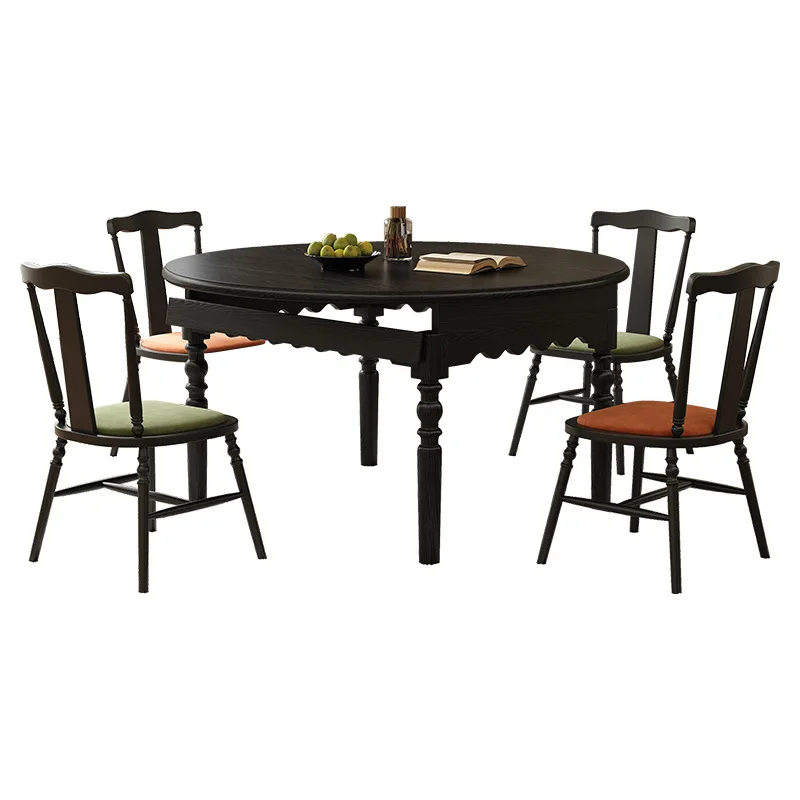 Solid wood dining table and chairs round table eating table household square becomes rash wood small apartment American foldable