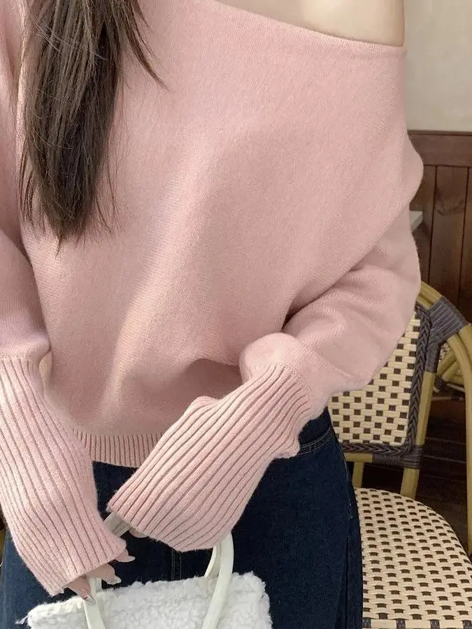 Ladies Loose Knitted Sweater Shoulder Bared Korean Style Long Sleeve Soft Fabric Casual Wear Fleshy Concealing Elegant Design