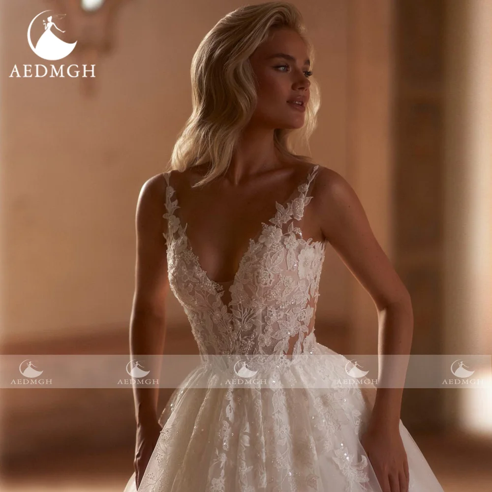 Aedmgh A-Line vestidos De Novia elegantes festoneados sin mangas Vestido De Novia bordado De encaje Vintage Vestido De Novia hecho a medida