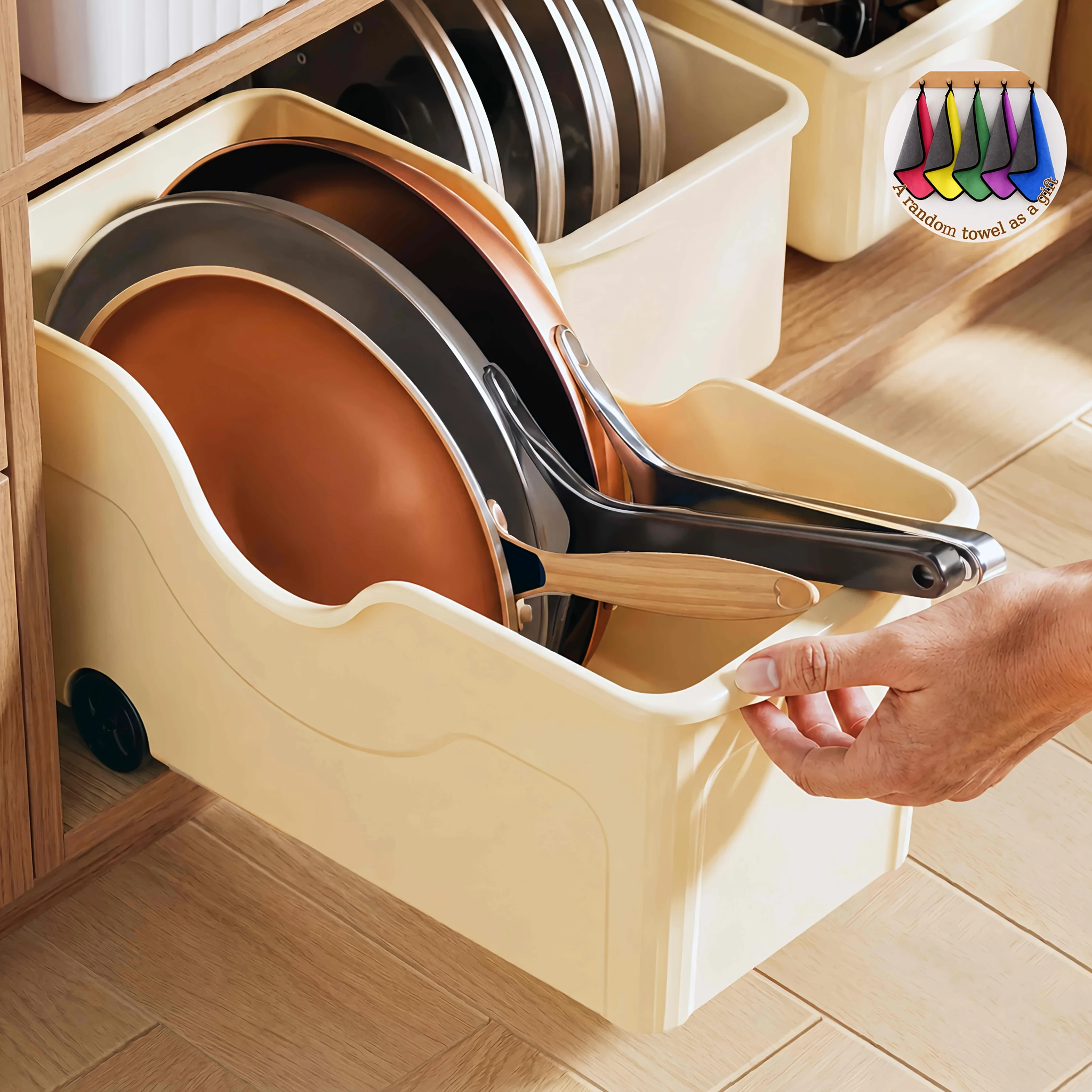 Kitchen 3pcs Plastic Organizer Bin With Wheels(Give A Random Towel As A Gift), Large Capacity Roll Out Plastic Storage Bins