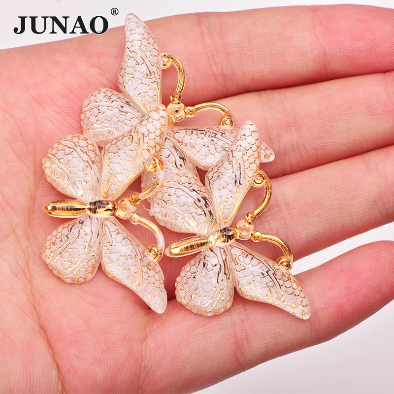 JUNAO 25x38mm White Gold Butterfly Rhinestones Decoration Crystal Applique Flatback Resin Stones Scrapbooking Strass For Crafts